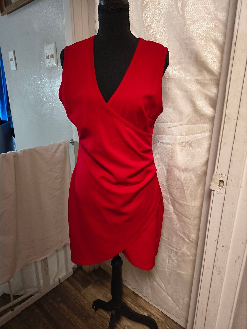 Crystal Doll Red Sleeveless V-Neck Wrap Rouched Style Dress